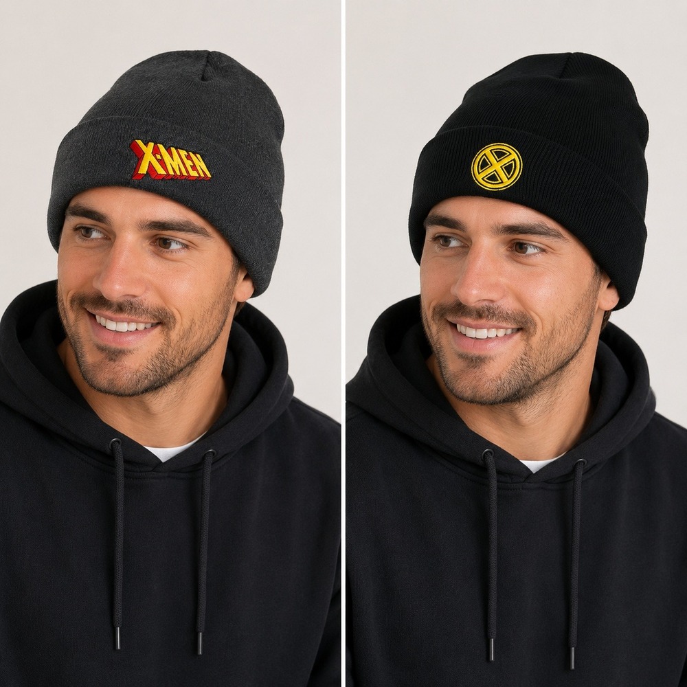 Marvel X-Men Reversible Beanie Hat Grey Black Knit Embroidered Logo NWT